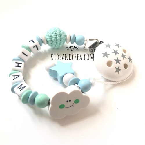 attache sucette etoiles nuage coton vert attache tétine personnalisée prénom au choux , attache tétine en bois