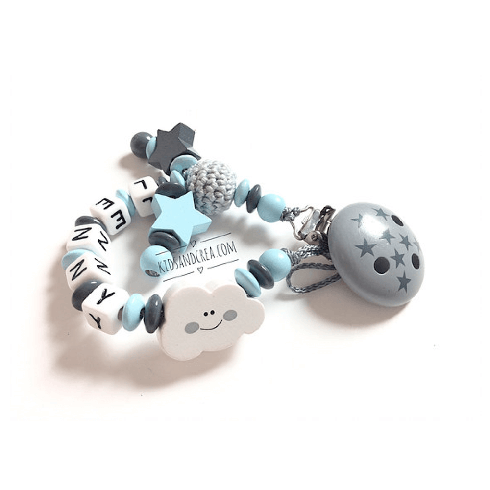 Attache tétine étoiles étoiles G38 1 attache tétine prénom bleu nuage et perle coton Lenny