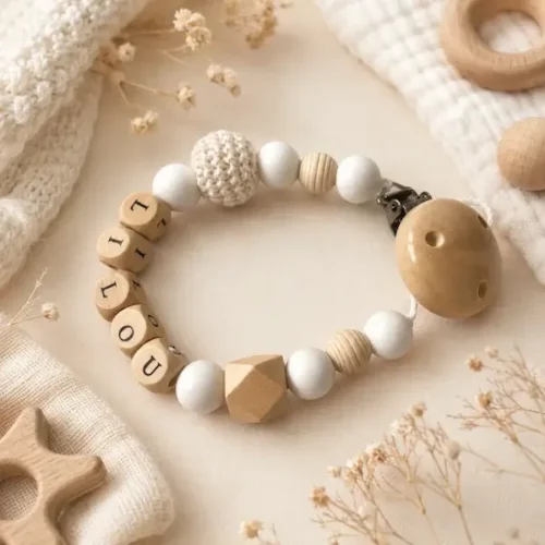 attache tétine naturel Lilou en bois brut personnalisée Kids and Crea