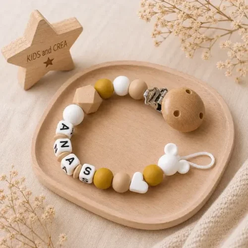 Attache tétine personnalisée Anas moutarde et bois naturel silicone mickey