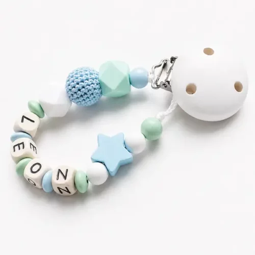 Attache tetine personnalisee garcon bois et hexagone silicone boule crochet