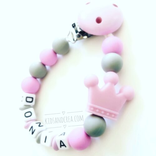 Attache-tetine-silicone-couronne rose