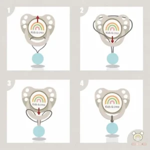 tutoriel en image comment attache la sucette à l'attache tétine rapidement et facilement