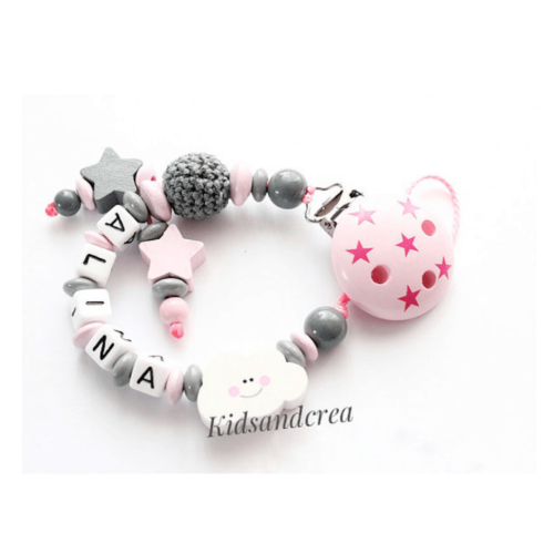 attache tétine prénom boule crochet coton clip étoiles nuages