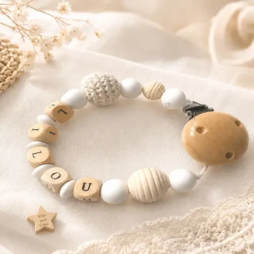 Attache tétine bois naturel personnalisée LILOU avec perles blanches, bois brut, boule crochet et étoile Kids and Crea.