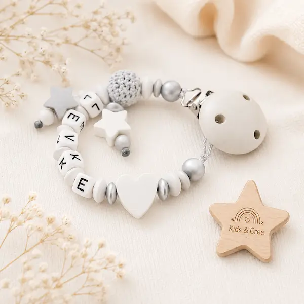 Attache tétine grise et blanche personnalisée avec cœur, étoiles et prénom