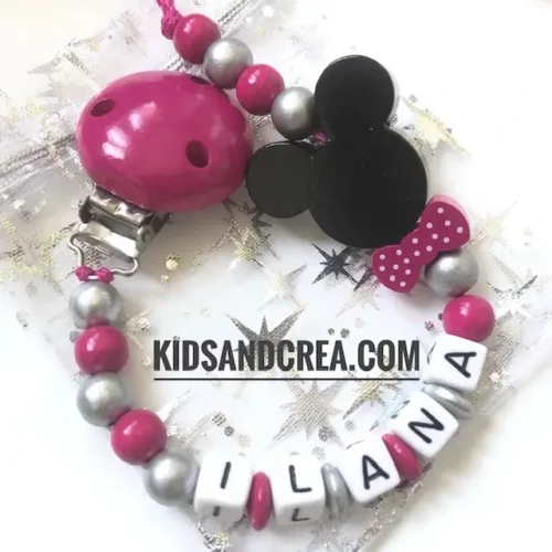 attache tétine noeud souris fuchsia personnalisée bébé