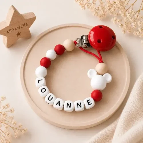 attache-tetine-personnalisee-silicone-louanne-rouge-blanc-mickey-clip-bois