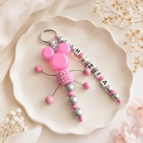 Porte-clés personnalisé prénom fille rose et argent