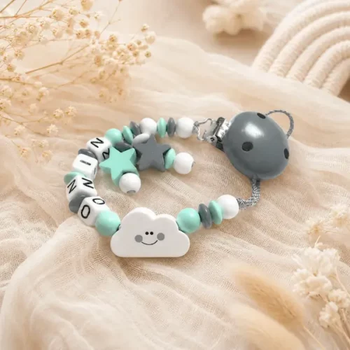 porte tetine vert menthe gris blanc prenom avec nuage
