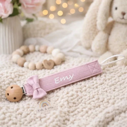 attache tétine velours rose personnalisée