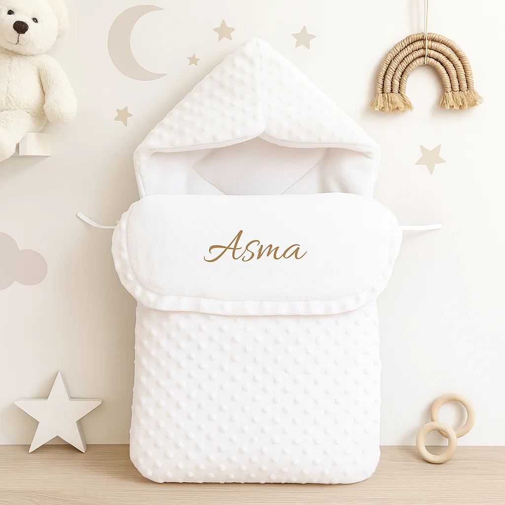Nid d'ange en minky doublé polaire - blanc 1 Chanceliere nid d'ange bébé personnalisée prenom cadeau de naissance unique et original