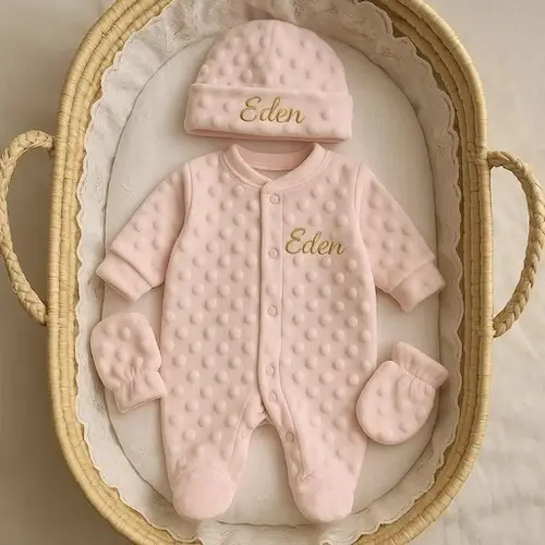 coffret naissance 3 pièces bonnet pyjama brodés prénom et moufles tissu minky doux fille
