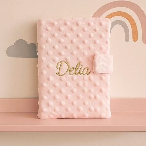 Housse carnet de santé bébé personnalisée en Minky rose. Prénom brodé, rabats pour ordonnances et carte Vitale. Élégante, douce et pratique.