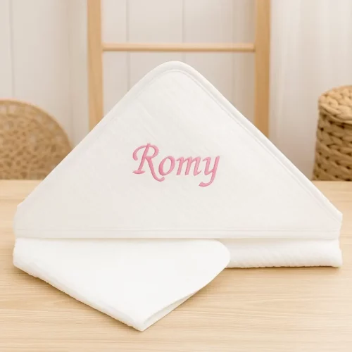 Cape de bain bébé personnalisée en gaze de coton et éponge, broderie rose