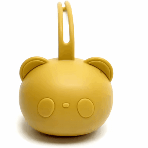 Étui sucette silicone moutarde bébé, boîte souple sans BPA, rangement hygiénique tétine avec anse pour poussette ou sac à langer.
