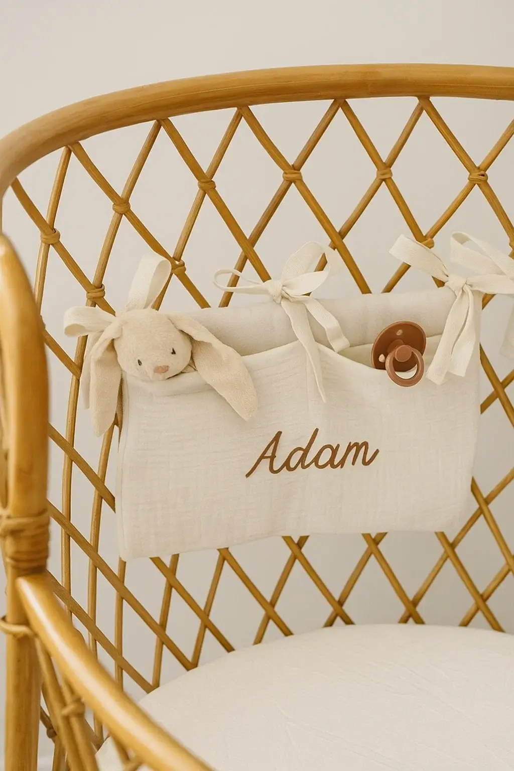 Pochette de lit bébé en gaze de coton – Range tétine/doudou 1 Pochette de lit bébé en gaze de coton Oeko-tex avec deux poches