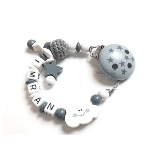 attache tetine garçon nuage et étoiles gris fonce