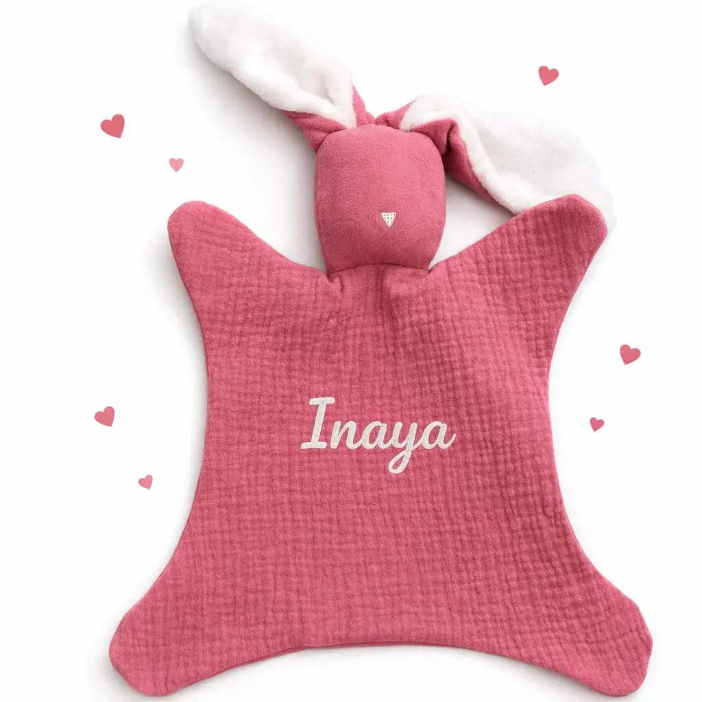 Doudou lapin gaze coton personnalisé 3 doudou lapin coton rose foncé cadeau naissance personnalisé