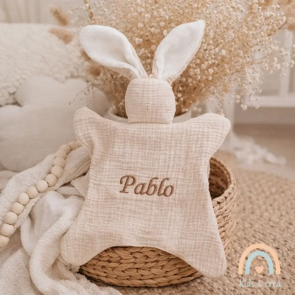 Doudou lapin gaze coton personnalisé 2 doudou lapin gaze de coton personnalisé prénom beige