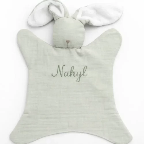 doudou bébé lapin vert sauge foncé tissu gaze naturel