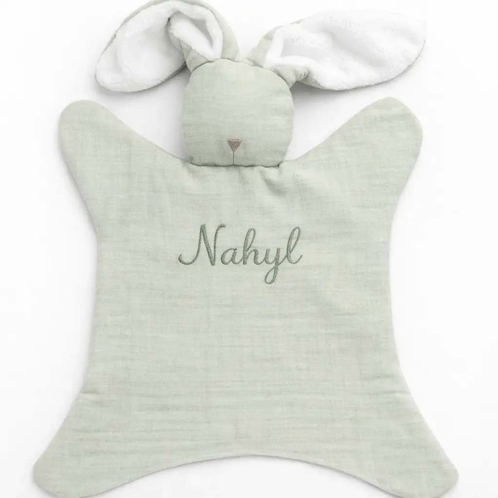 Doudou lapin gaze coton personnalisé 4 doudou bébé lapin vert sauge foncé tissu gaze naturel