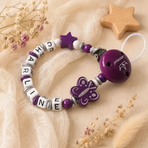 attache tétine personnalisée papillon violet clip princesse brillant argenté