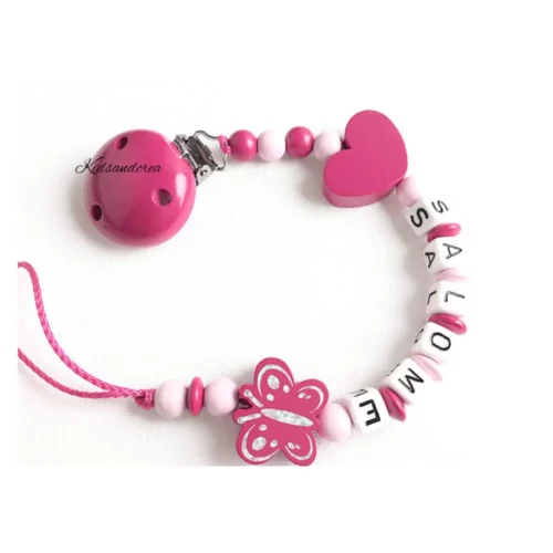 Attache tetine personnalisee papillon coeur rose fuchsia F160