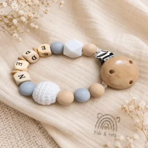 Attache tétine silicone MAM personnalisée beige et gris mixte Kids and Crea