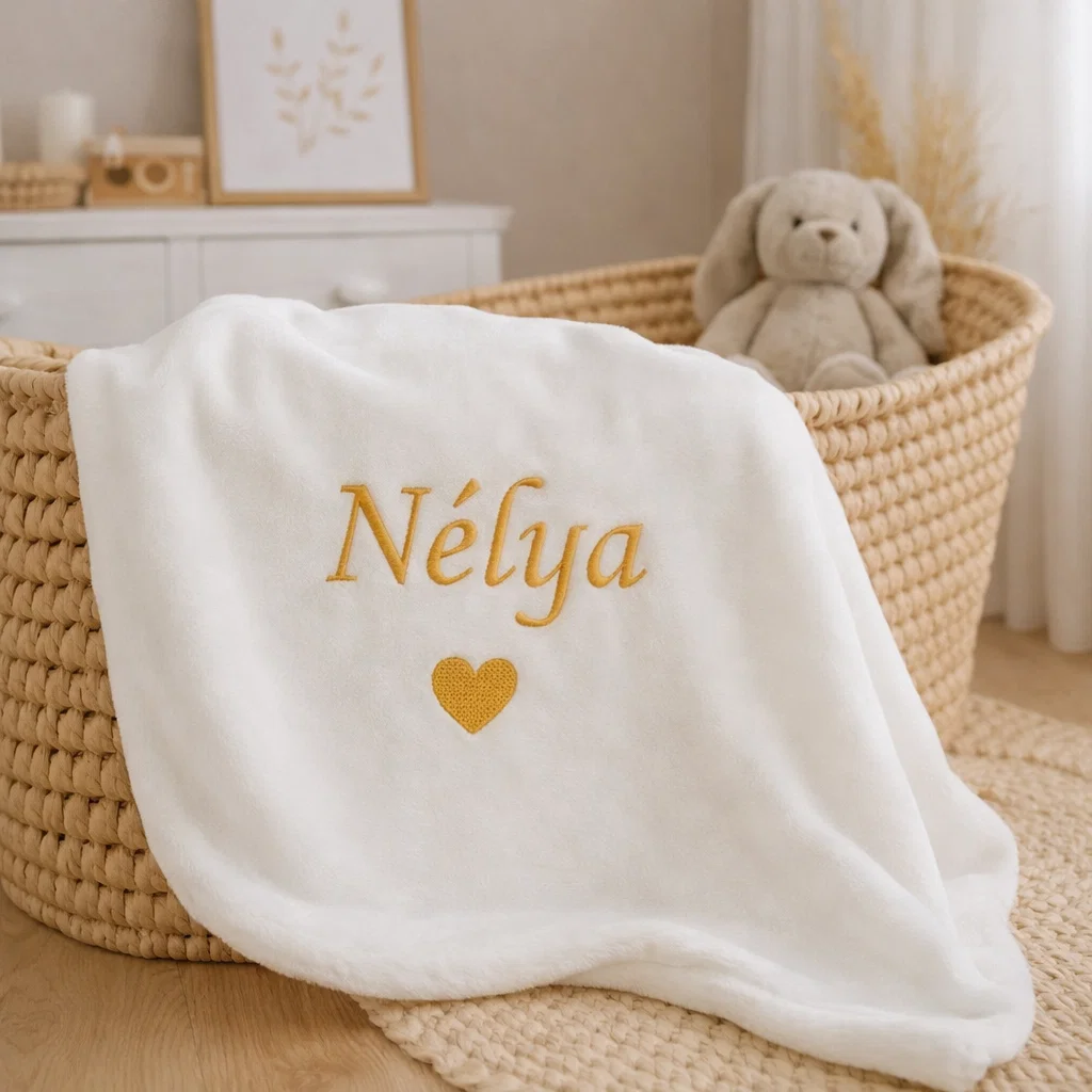 Couverture-polaire-bebe-toute-douce-blanche-broderie-moutarde-100-X-80-cm-Kids-and-Crea personnalisable