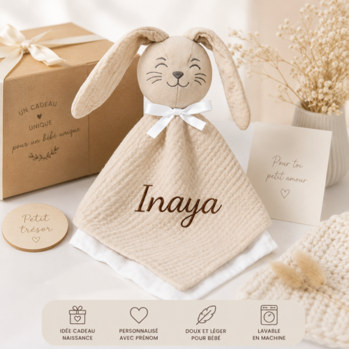 Doudou-lapin-beige-personnalise-avec-prenom-Inaya-presente-dans-une-ambiance-cadeau-de-naissance-douce-avec-boite-kraft-carte-et-accessoires-bebe-Kids-and-Crea