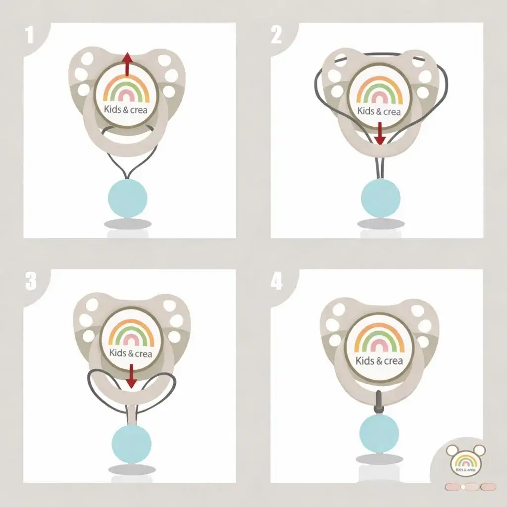 Tutoriel en images comment attacher facilement la sucette à une attache tétine en 4 étapes très simples et rapide