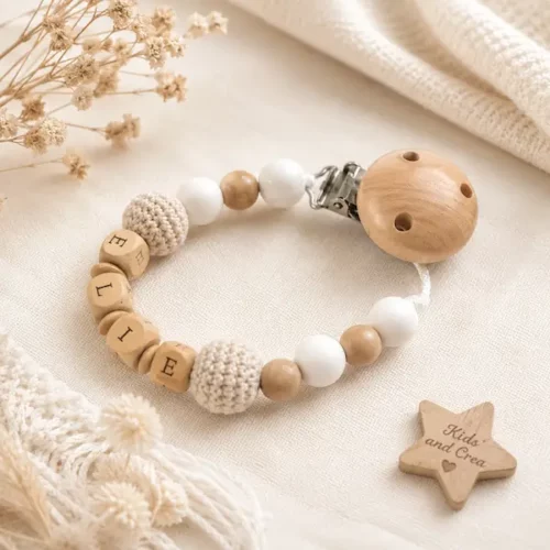 attache tetine mam silicone crochet et bois naturel kids and crea