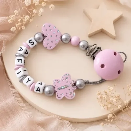 attache tetine papillon argent personnalise clip bois kids and crea