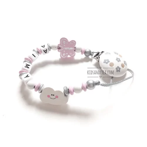 attache tétine papillon clip fleurs blanc fille personnalisée