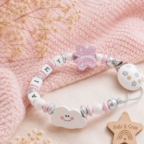 Attache tétine papillon nuage rose personnalisée avec prénom Aimy