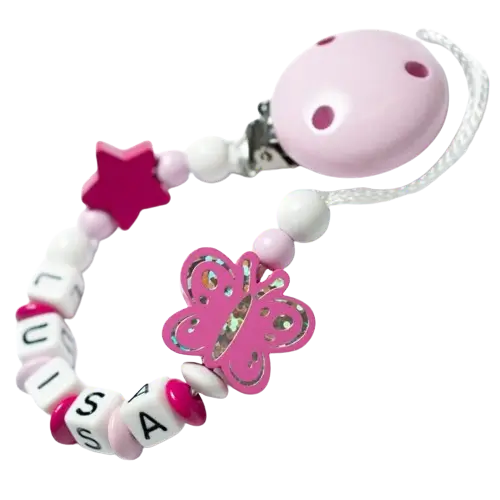 attache tétine personnalisée fille papillon rose etoile