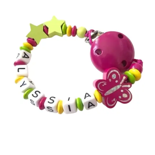 attache tétine personnalisée papillon anis bois fille