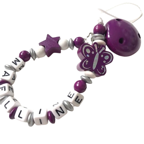 attache tétine prenom papillon violet