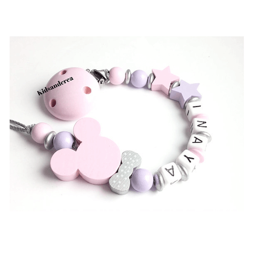 attache tétine disney minnie lilas mauve bois