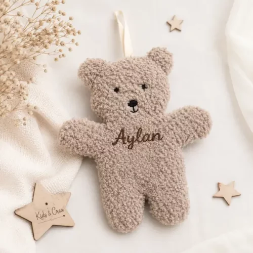 doudou attache sucette ourson personnalisé prenom au choix Kids and Crea en sherpa tout doux
