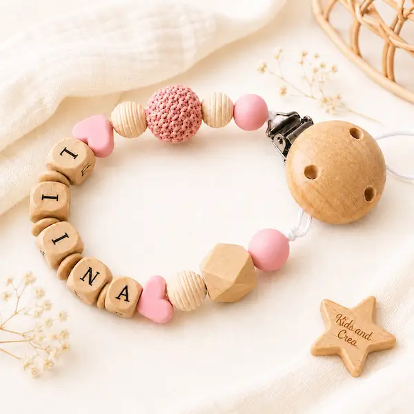Attache tétine fille Liina en bois naturel et rose avec perle crochet, cœur rose, clip bois 3 trous et étoile Kids and Crea