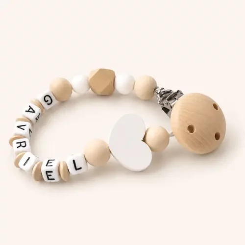 attache tétine mam crochet blanc bois silicone