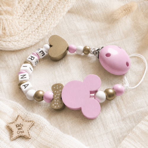 Attache tétine souris rose pâle et dorée personnalisée avec le prénom Erina Kids and Crea