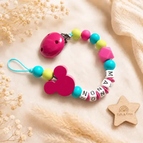 Attache tétine silicone turquoise et fuchsia personnalisée avec prénom fille