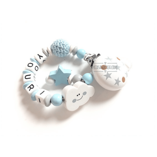 attache tétine prénom nuage etoile coton bleu
