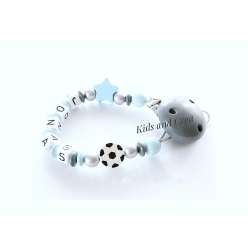 attache tétine prénom perle ballon foot blanc