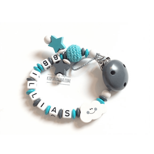 attache tétine personnalisé crochet etoile bois Illias