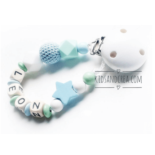 attache tétine silicone crochet et bois à personnaliser Léon