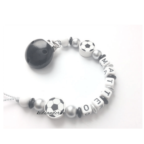 attache tétine prénom 2 perles ballon de foot